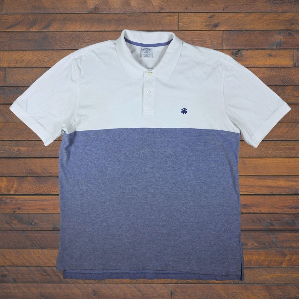 Brooks Brothers Polo Size XXL White Blue Performance Slim Fit Colorblock Cotton‎